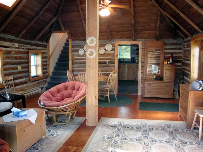 Log living room from seating area at front